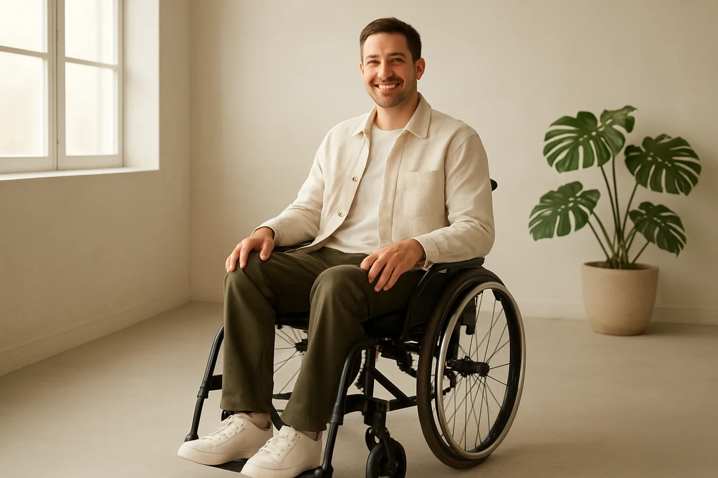 A smiling man seated in a manual wheelchair in a bright room, wearing a cream cotton overshirt and olive trousers.