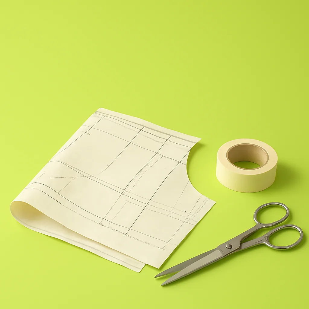A printed Kaia sewing pattern with masking tape and shears.